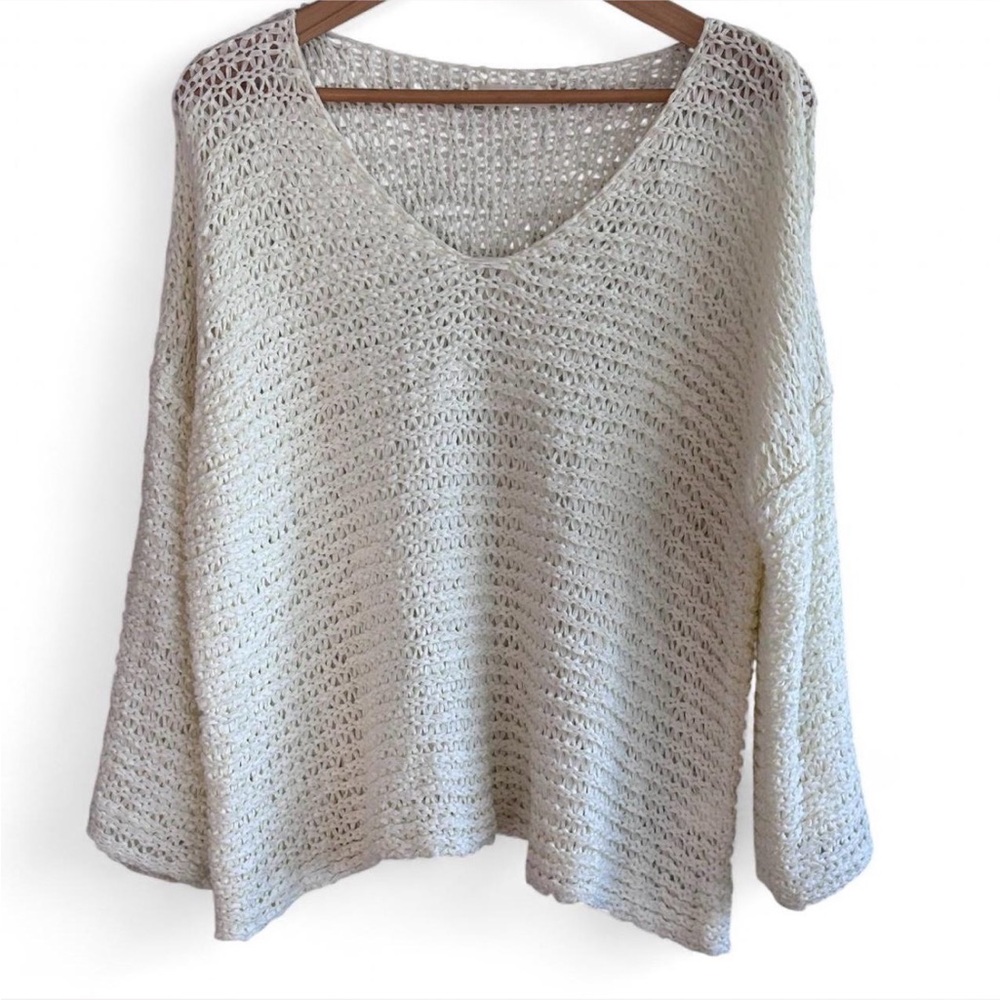 Relaxed Cream Open-Knit V-Neck Boho Sweater OS